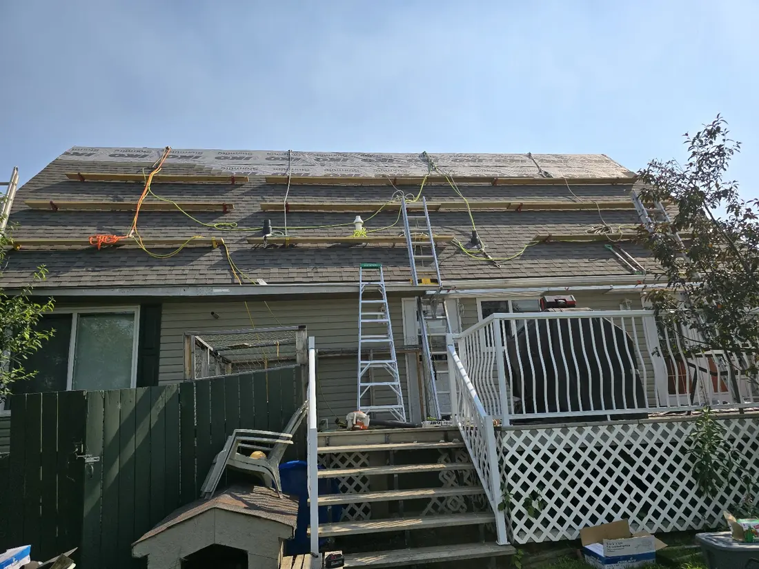 Older roof stripped back to its original plank sheathing during a tear-off, ladders set against the house
